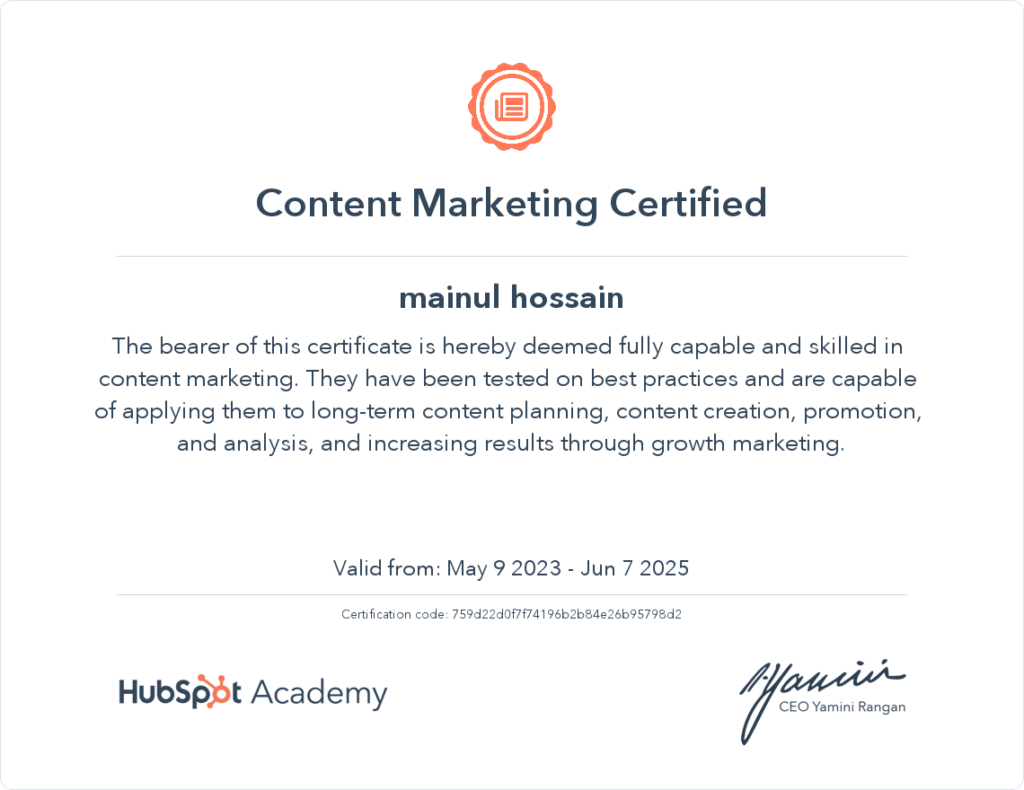 Mainul Hossain : Hubspot certification about content marketing