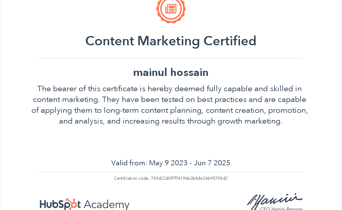 HubSpot Content Marketing Certification Mainul Hossain