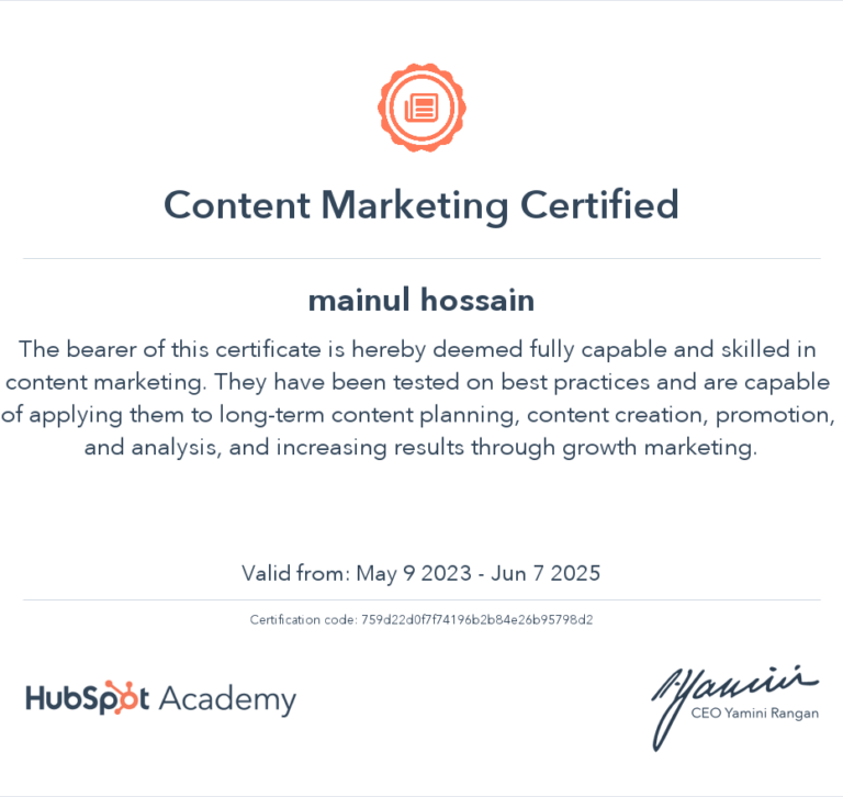 HubSpot Content Marketing Certification Mainul Hossain
