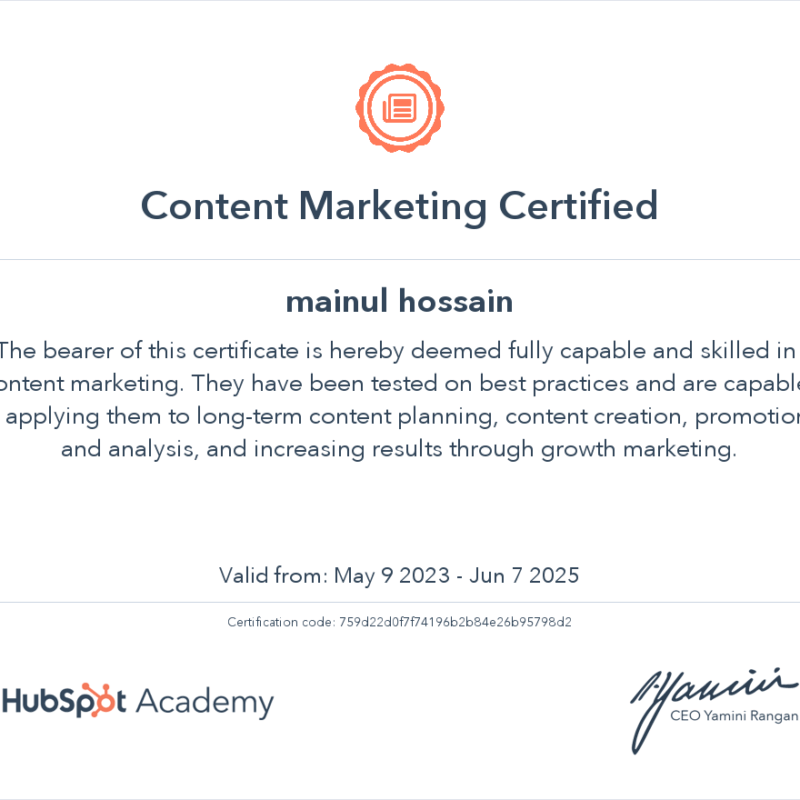 HubSpot Content Marketing Certification Mainul Hossain